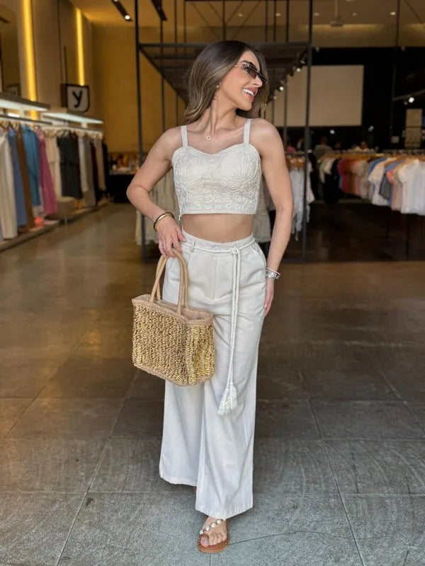 Conjunto Pantalona e Cropped Bordado
