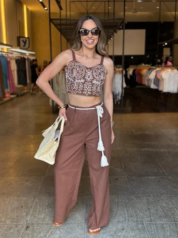 Conjunto Pantalona e Cropped Bordado