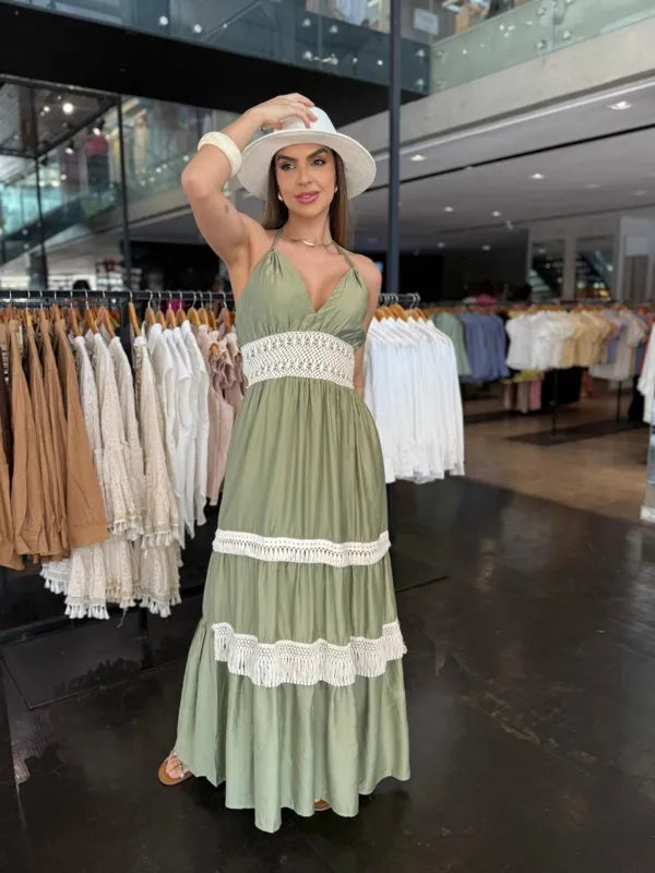 Vestido Longo Detalhe Crochê