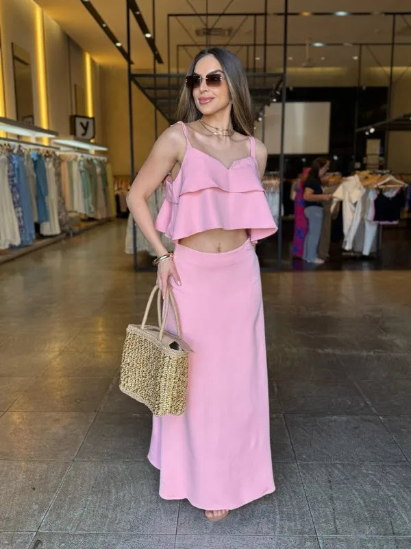 Conjunto Cropped e Saia Longa