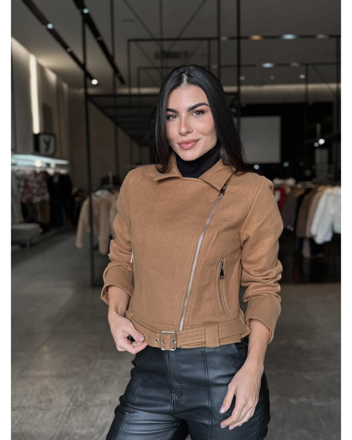 Jaqueta Fashion Lã Batida Caramelo