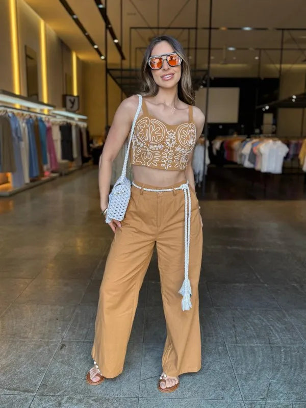 Conjunto Pantalona e Cropped Bordado