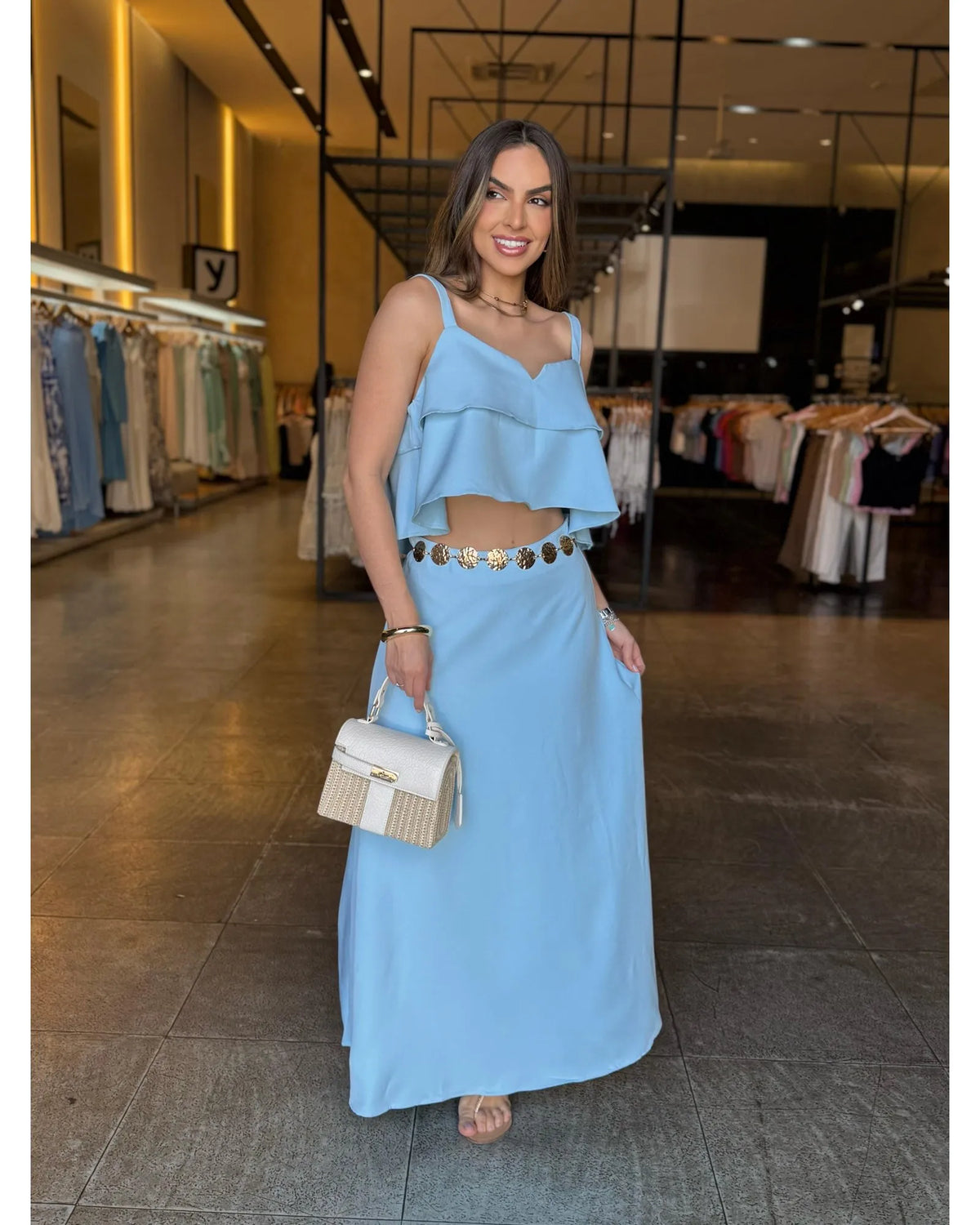 Conjunto Cropped e Saia Longa