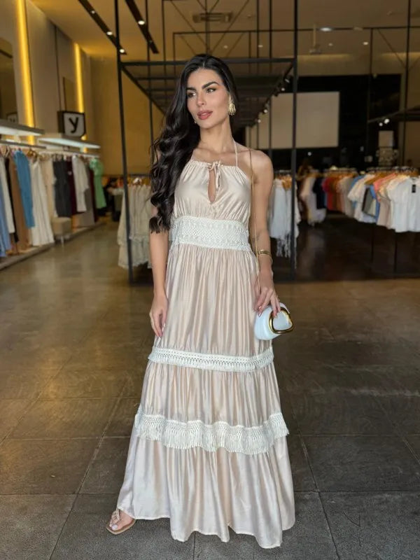Vestido Longo Detalhe Crochê