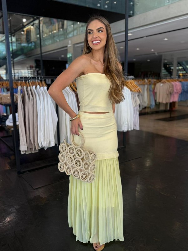 Conjunto Saia Longa Detalhe Plissado com Cropped