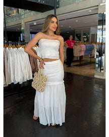 Conjunto Saia Longa Detalhe Plissado com Cropped